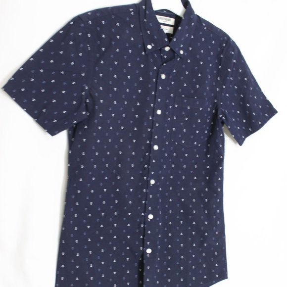 NWT GOODTHREADS Navy Blue Nautical Anchor Button Front Shirt Size Small S/S - Picture 1 of 10